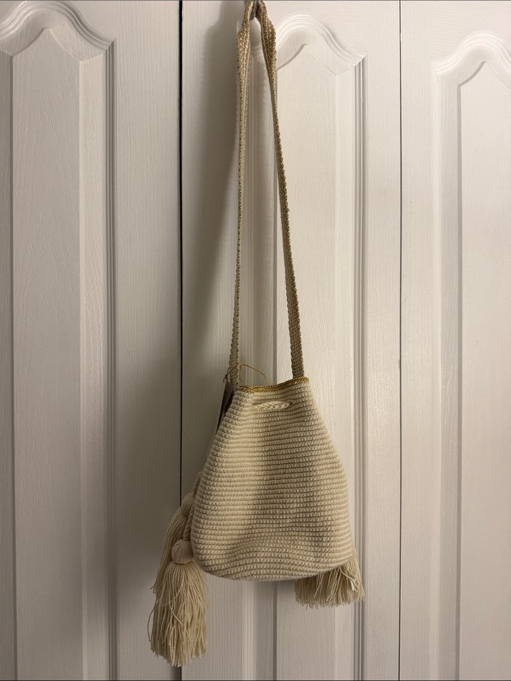Cream Crochet Bucket Bag with Tassels - Women